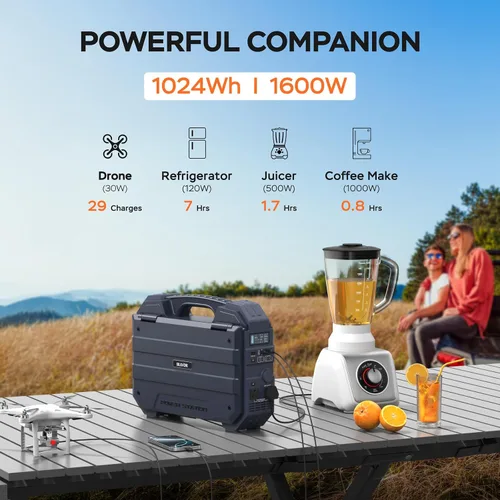 Vista 3 de BLAVOR Estación de energía portátil de 1600 W (pico 3200 W), panel solar integrado, batería LiFePO4 de 1024 Wh, carga rápida USB-C de 100 W