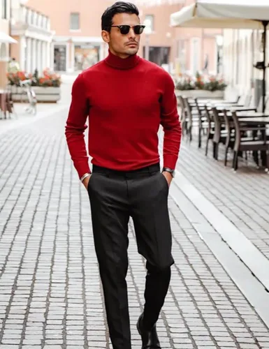 Vista 6 de Light Face Suéter de cuello alto ajustado para hombre, tejido casual, ligero, térmico, manga larga, suéter básico