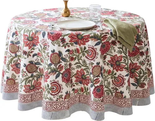Vista 32 de ATOSII Amalfi - Mantel redondo de verano 100% algodón, estampado en bloques, para comedor, bodas, exteriores, fiestas, I Grand Millenial Farmhouse