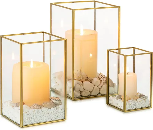 Vista 8 de NUPTIO Portavelas de Cristal Hurricane: 3 Piezas Linternas Negras Geométricas Portavelas de Velas de Pilar Linterna Decorativa Centro de Mesa