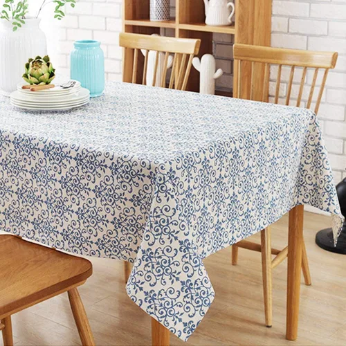 Vista 2 de Bringsine Mantel de lino de algodón, tela vintage de damasco azul marino, mantel de encaje decorativo para cena, picnic, decoración del hogar