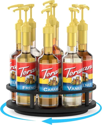 Vista 8 de THYGIFTREE Organizador giratorio de jarabe de café con 7 botellas, soporte de botellas de jarabe de madera para mostrador, soporte para barra