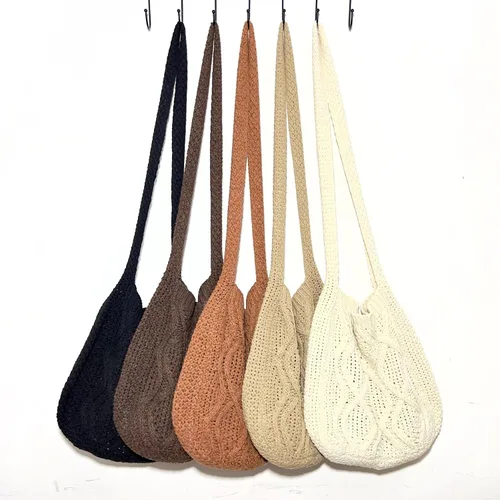 Vista 3 de Bolso cruzado estético de ganchillo para mujer, bolso de mano de punto Y2K, bolsa de compras de moda, Caqui
