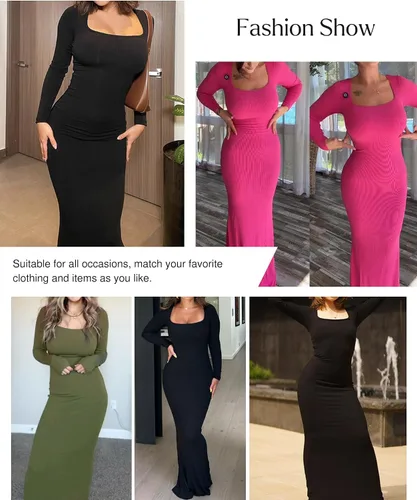 Vista 2 de Popilush - Vestido moldeador de manga larga para mujer, vestido de control de abdomen para otoño, con brasier integrado