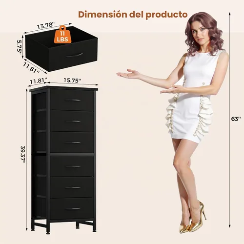 Vista 3 de Sweetcrispy Cómoda alta de tela para dormitorio, cómoda delgada de 6 cajones, torre de almacenamiento estrecha con parte superior de madera y marco