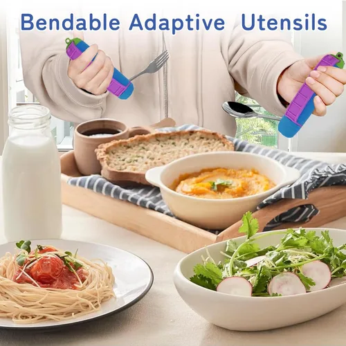 Vista 7 de Juego de utensilios adaptativos, juego de 2 cucharas y tenedores para ancianos, utensilios con peso para temblores de manos, debilidad de artritis