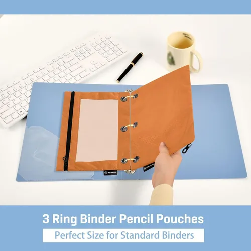 Vista 5 de Estuche naranja para carpeta de 3 anillas, paquete de 2 bolsas para lápices con ventana transparente con cremallera y ojales reforzados, estuche