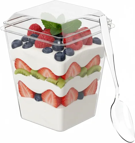 Vista 9 de Zappy Paquete de 100 vasos de postre de plástico de 5 onzas con tapas y cucharas, vasos de aperitivo/parfait para fiestas, tiradores de postres