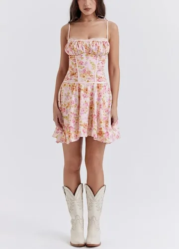 Vista 4 de Yuemengxuan Mini vestido sexy de corsé para mujer, con tirantes delgados, vestido ajustado Y2K, corte bajo, con cordones, vestido corto para fiesta
