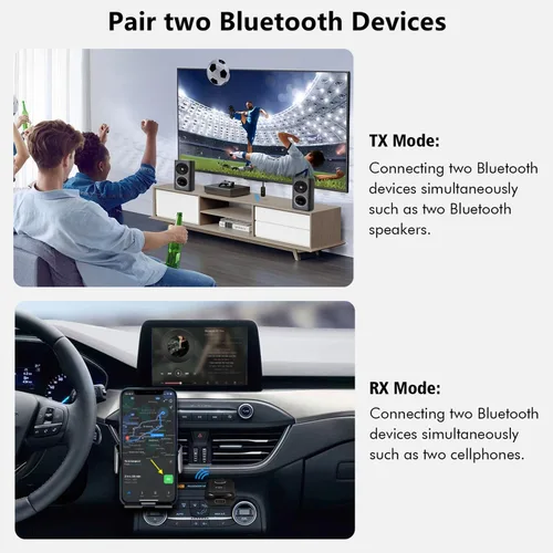 Vista 4 de Receptor transmisor de audio Bluetooth 5.2 para TV, 2 conexiones de dispositivos BT Bluetooth Transmitter for Headphones, 3.5mm Jack Aux Airplane