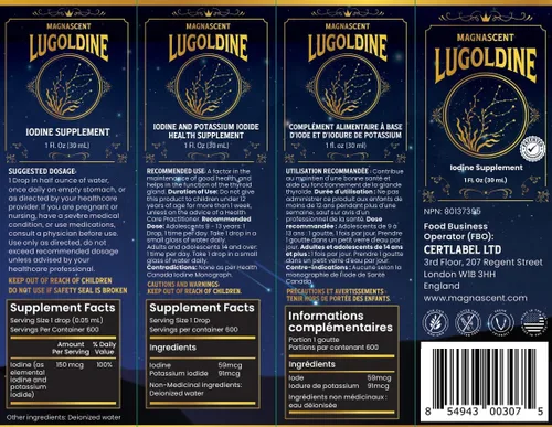 Vista 8 de Lugoldina 150 mcg iodine per drop; alcohol-free and glycerin-free liquid iodine supplement made in USA.