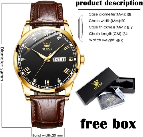 Vista 6 de OLEVS Tienda Watches, reloj de cuero marrón para hombre, reloj de fecha para hombre, reloj luminoso para hombre, reloj de vestir para hombre, reloj