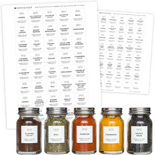 Vista 7 de Paper & Pear - Etiquetas adhesivas redondas de estilo moderno para especias, impermeables, preimpresas, resistentes al aceite, para despensa