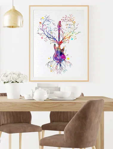 Vista 2 de Dignovel Studios 8X10 sin marco guitarra corazón vena amante de la música instrumento músico vieja escuela acuarela arte impresión póster arte pared