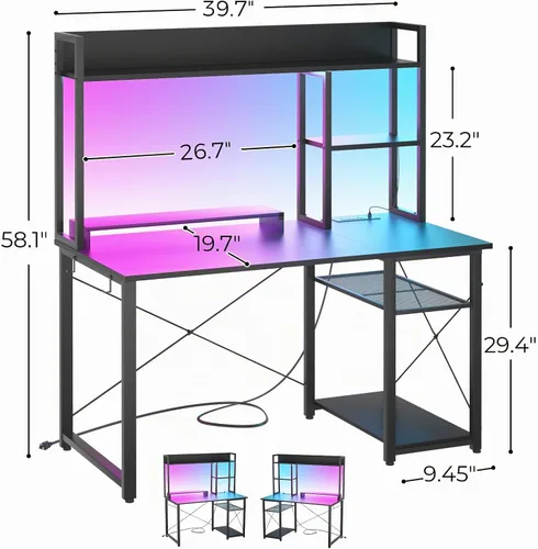 Vista 2 de Cyclysio Escritorio para juegos con gabinete, escritorio para computadora de 39 pulgadas con luces LED y tomas de corriente, escritorio de oficina
