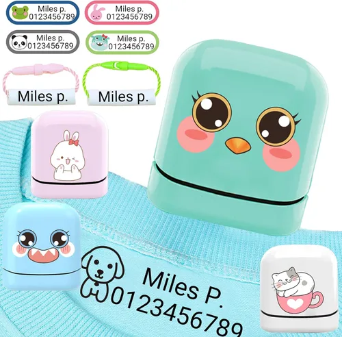 Vista 9 de Sello de nombre para ropa para niños, sello con nombre personalizado, impermeable, 4 colores y 36 patrones de dibujos animados (concha de sello azul)
