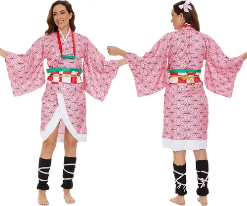 Vista 3 de SUMLETON Disfraz de anime para mujer, kimono, Halloween, cosplay, conjunto con peluca