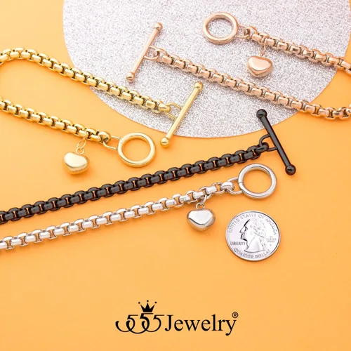 Vista 7 de 555Jewelry Pulsera de acero inoxidable con cadena de eslabones y corazón para mujeres y niñas