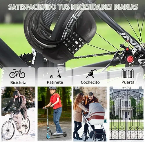 Vista 7 de Candado de cable para bicicleta de 6 pies de largo, candado de combinación reseteable de 4 dígitos, cable de acero resistente con revestimiento
