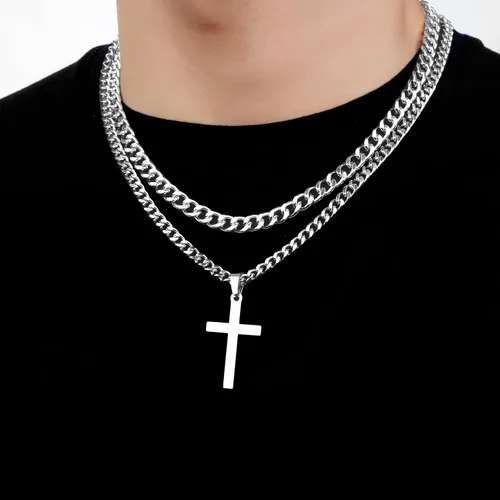 Vista 4 de SENRAN Collar de cruz en capas para hombres y niños, cadena de eslabones cubanos en capas de acero inoxidable de 16 a 24 pulgadas, colgante de cruz