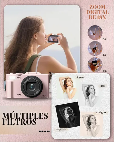 Vista 6 de Cámara digital 4K para principiantes y adolescentes, cámara compacta de vlogging con pantalla abatible de 180°, enfoque automático, fácil de usar
