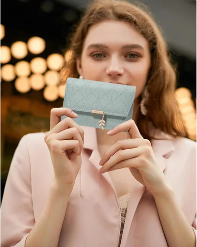 Vista 6 de RNIEGA Cartera de cuero para mujer, pequeña, plegable, con bloqueo RFID, tarjetero con bolsillo para monedas, con cremallera