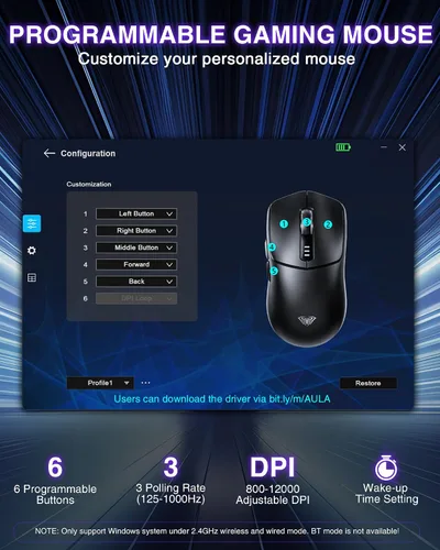 Vista 7 de AULA SC580X - Ratón inalámbrico para juegos, triple modo 2.4GBT5.0USB-C con 12000 DPI, 6 botones programables, mouse de computadora recargable
