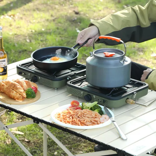 Vista 9 de Estufa de camping de propano de 2 quemadores, estufa de gas plegable portátil para acampar con 17200 BTU, dos quemadores ajustables con mango
