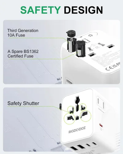Vista 7 de Adaptador de enchufe de viaje universal de 35 W, adaptador de corriente de carga rápida de 7 puertos PD&QC (2AC y 2USB-A y 3USB-C), cargador