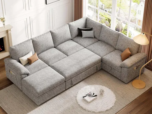 Vista 9 de Sofá modular de 108 pulgadas con cama extraíble, sofá modular en forma de U de 7 asientos con almacenamiento, sofás seccionales para sala de estar