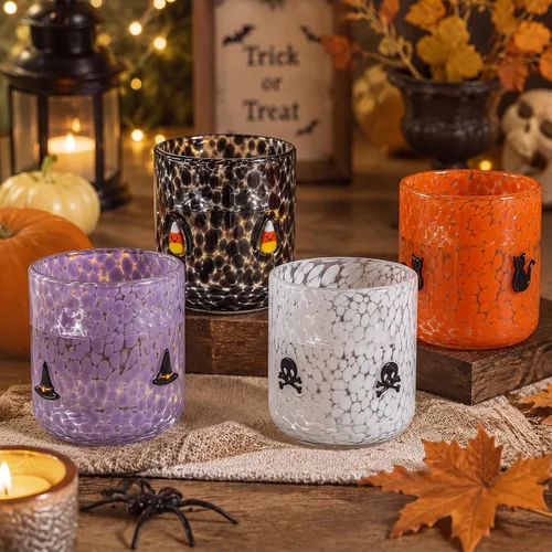 Vista 4 de Skylety 4 vasos de cristal con icono de Halloween, sombrero de bruja