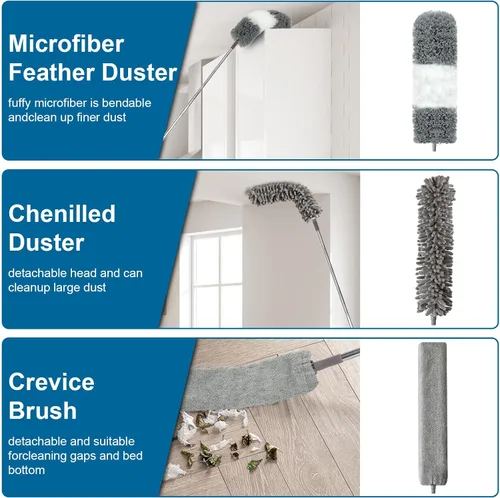 Vista 3 de Plumero de microfibra, 4 piezas con poste de extensión (acero inoxidable) de 30 a 100 pulgadas, plumeros reutilizables y flexibles, lavables