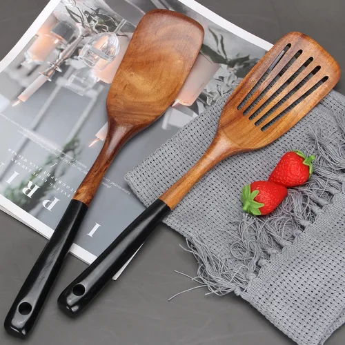 Vista 4 de 2 piezas de juego de espátulas de madera para cocinar Utensilios de cocina de teca no tóxicos sin BPA, espátula ranurada para panqueques, espátula 2