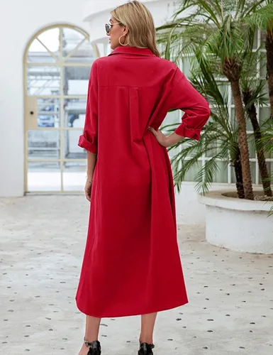Vista 6 de Sopliagon - Vestido de algodón y lino para mujer, diseño de camisa, estilo casual, suelto y largo