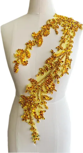 Vista 36 de Parches de lentejuelas brillantes de acrílico hechos a mano en encaje, con cuentas y piedras, para coser, accesorios para vestido de novia (negro)