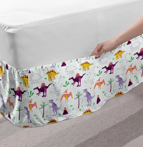 Vista 3 de Lunarable Falda de cama elástica de dibujos animados, dinosaurios dibujados a mano, criaturas del período jurásico, animales de dinosaurios