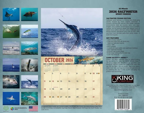Vista 2 de The KING Company-Monster Calendars - Calendario de pared de pesca de agua salada 2026, tamaño XL, 14 x 22 pulgadas, calendario de pesca deportiva