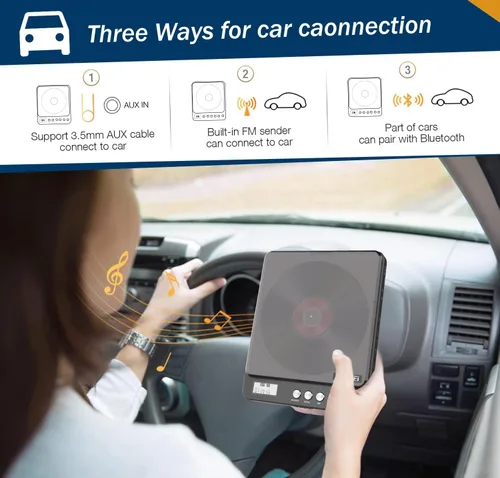 Vista 3 de Reproductor de CD portátil con Bluetooth y transmisor FM, reproductores de CD Bluetooth recargables de 2000 mAh con altavoces, conector