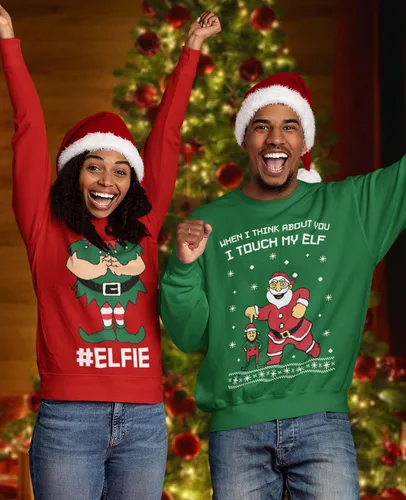 Vista 2 de Tstars I Touch My Elf Elfie Ugly Christmas Sweater Sweatshirt Funny Matching Couple Set Set