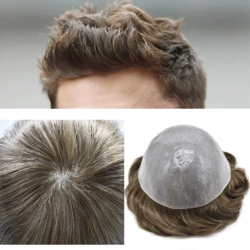 Vista 47 de PU Toupee para hombres pieza de pelo real sistema de reemplazo de cabello humano para hombres Toupee pieza de pelo para hombres piel polivinílica