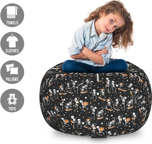 Vista 2 de Ambesonne Bolsa de juguetes de almacenamiento de Halloween, esqueletos con calabazas músico patinador sobre fondo oscuro, organizador de animales