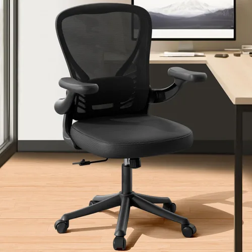 Vista 7 de Silla de escritorio para computadora con ruedas, silla de oficina de malla con brazos abatibles, soporte lumbar ajustable, silla de escritorio Negro