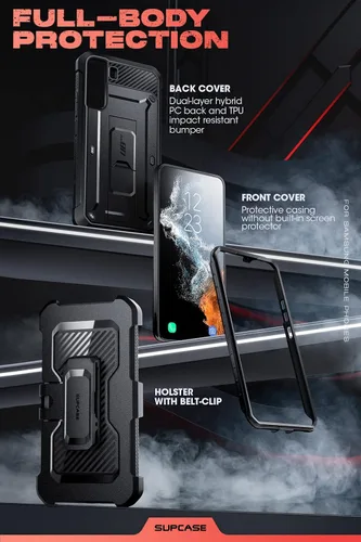 Vista 5 de SUPCASE - Funda para Samsung Galaxy S22 con soporte integrado, color negro 1x Front Frame, Charge Port Cover, Belt Clip Holster, Military-Grade
