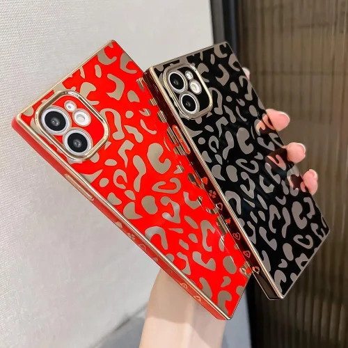 Vista 3 de Elegante Compatible con iPhone 12 Funda de Borde Rectangular, Lindo Patrón de Leopardo de Lujo Funda con Plateado Protector de Cámara TPU Suave A