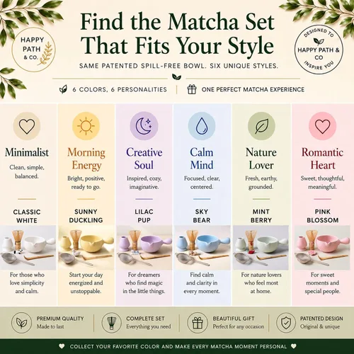 Vista 8 de HAPPY PATH & CO - Juego de cuencos de matcha patentado con mango y boquilla, vertido sin derrames, juego completo de matcha para principiantes Lila