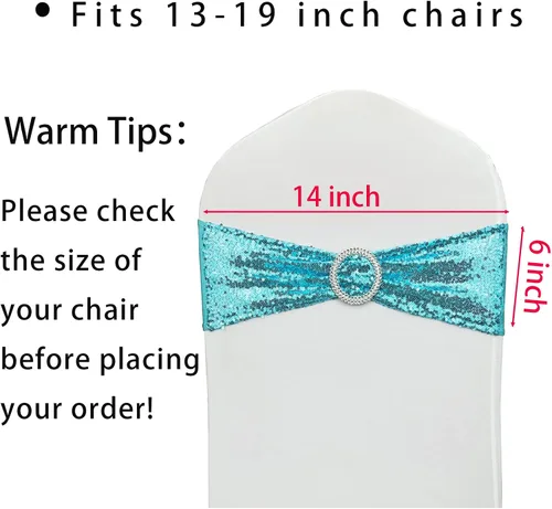 Vista 2 de Bandas para Sillas con Lentejuelas Elásticas Lazos de Spandex Poliéster para Fiestas Hotel Bodas Banquetes Decoración - 6 Piezas Aqua