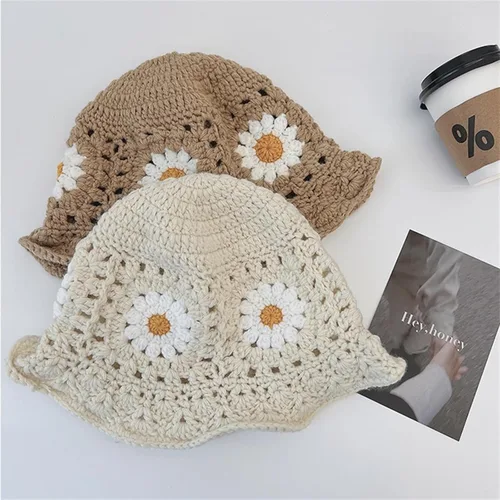 Vista 5 de Sombrero de pescador de ganchillo para mujer, diseño floral, de moda, diseño floral, diseño de flores, hecho a mano, para exteriores