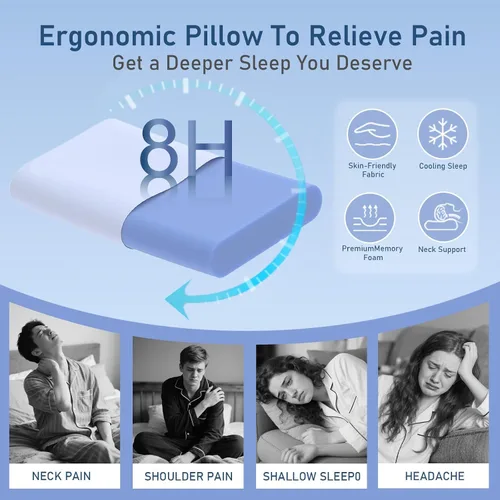 Vista 5 de Almohada cervical para aliviar el dolor de cuello, soporte ergonómico de espuma viscoelástica refrescante 3.9 Inch Ergonomic Pillow, Cooling