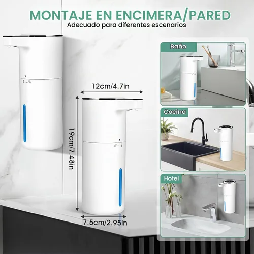 Vista 6 de Paquete de 4 dispensadores automáticos de jabón líquido sin contacto, dispensador de jabón líquido con sensor inteligente de 13.5 onzas, recargable