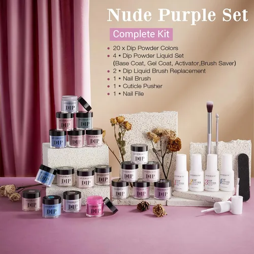 Vista 6 de AZUREBEAUTY Kit de Iniciación de Polvo para Uñas de Inmersión de 20 Colores Nude Marrón Brillantina Púrpura Azul Conjunto de Polvo y Líquido